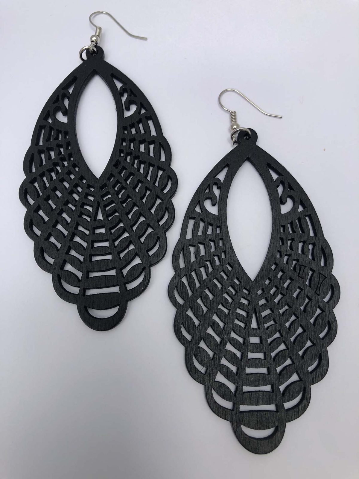 Long Black dye cut wooden dangle earrings